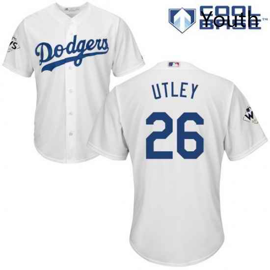 Youth Majestic Los Angeles Dodgers 26 Chase Utley Replica White Home 2017 World Series Bound Cool Base MLB Jersey